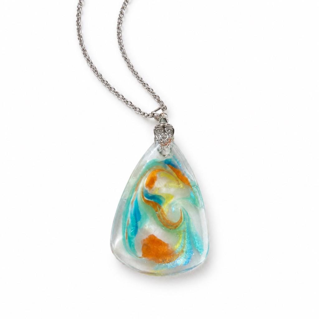 Swirl Resin Pendant Necklace | Teal Orange Handmade Jewelry | Stainless Steel Chain | Wearable Art Gift