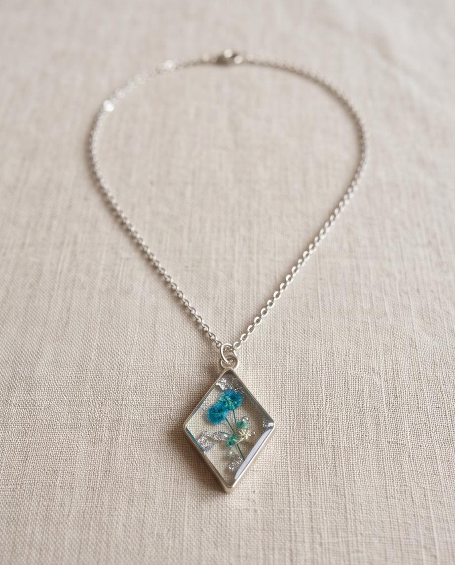 Blue Floral Diamond Resin Necklace | Handmade Botanical Pendant | Gift for Her