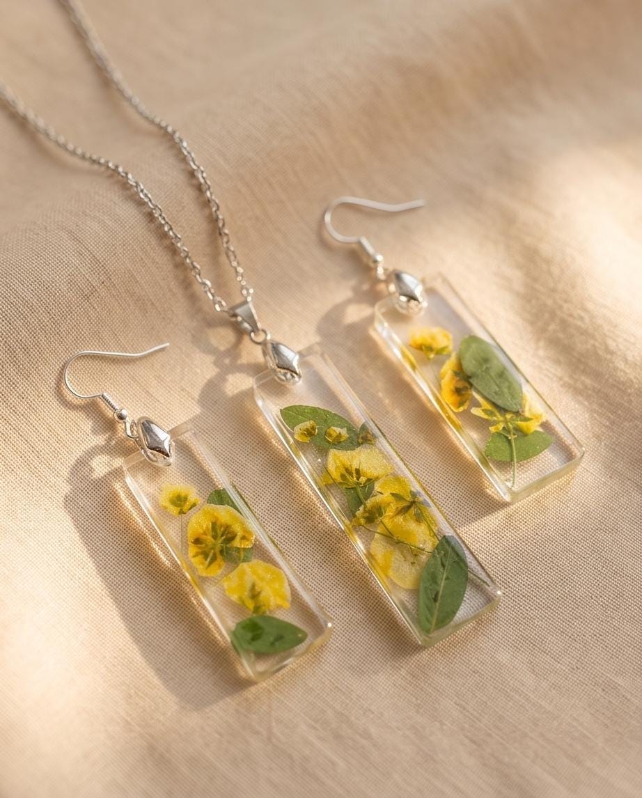 Yellow Pressed Flower Resin Jewelry Set | Handmade Botanical Necklace & Earrings