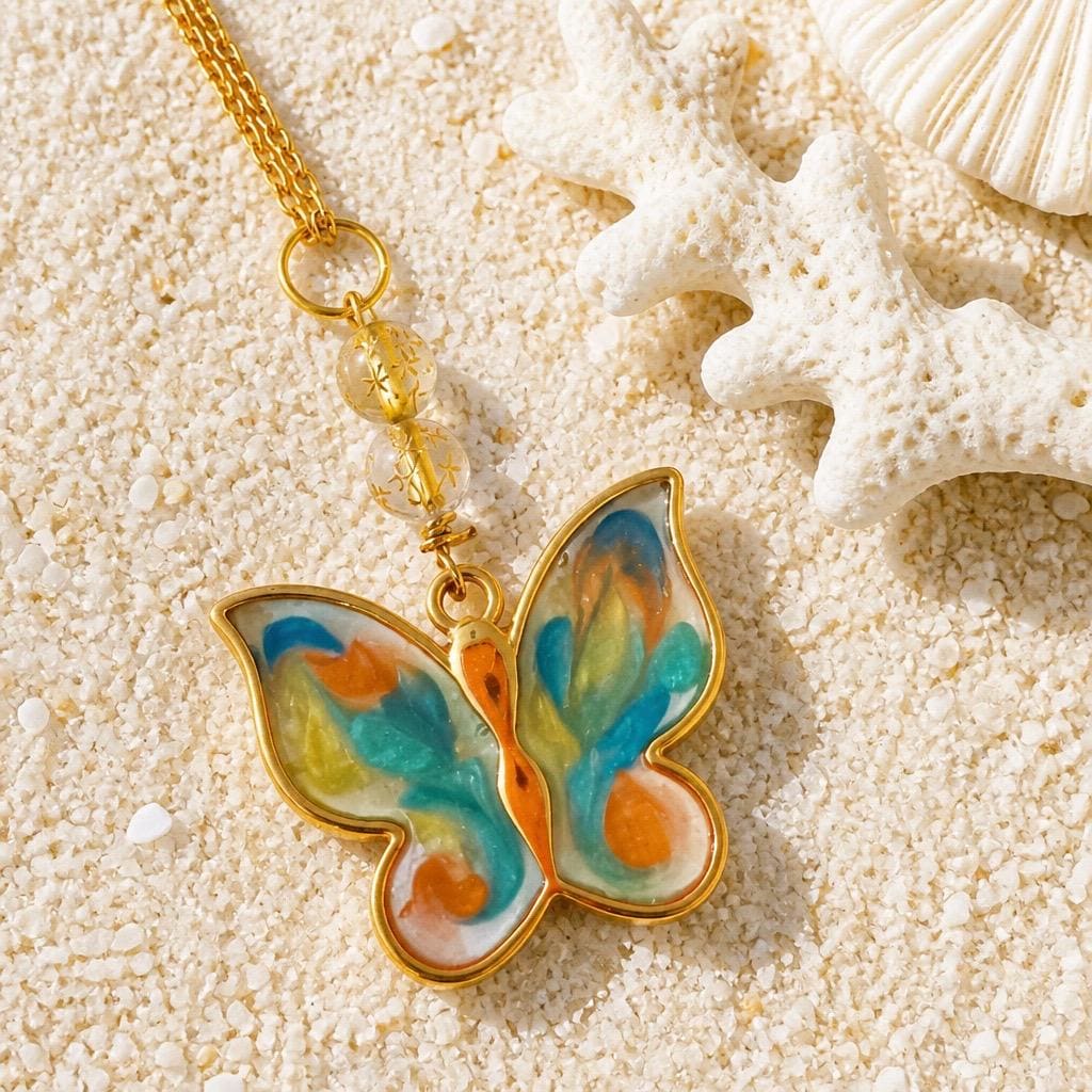 Handmade Resin Butterfly Pendant Necklace | Colorful Nature Jewelry | Teal Orange Gold Chain | Boho Gift
