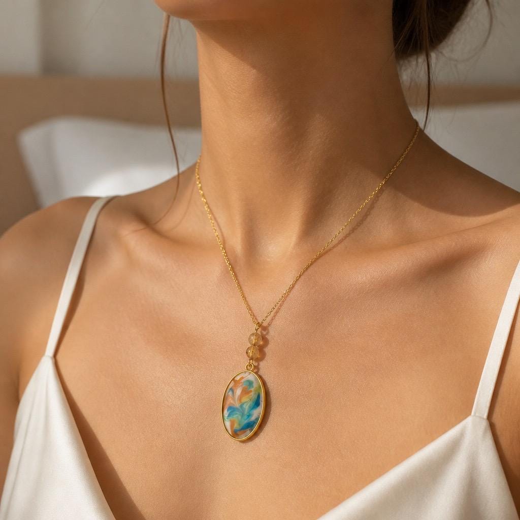 Oval Swirl Resin Pendant Necklace | Gold Tone Stainless Steel Chain | Teal Orange Art Jewelry | Boho Gift