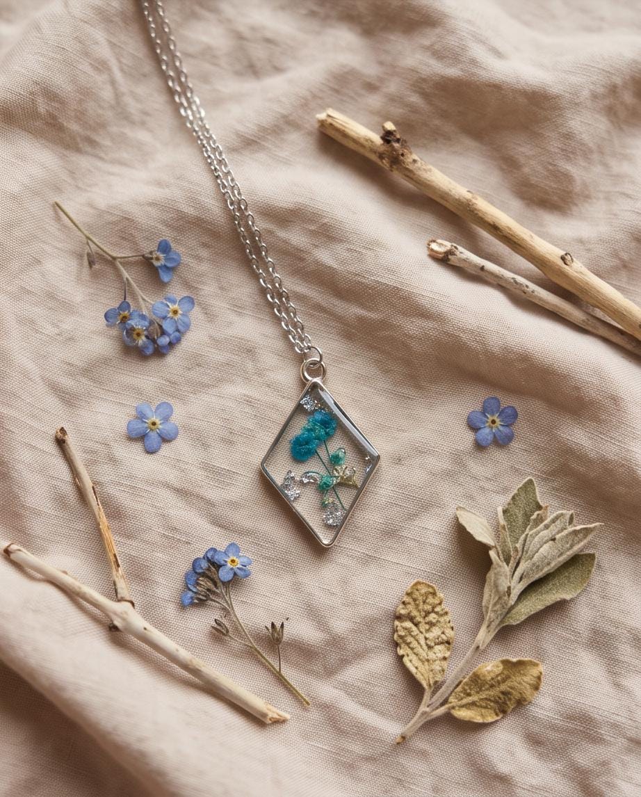 Blue Floral Diamond Resin Necklace | Handmade Botanical Pendant | Gift for Her