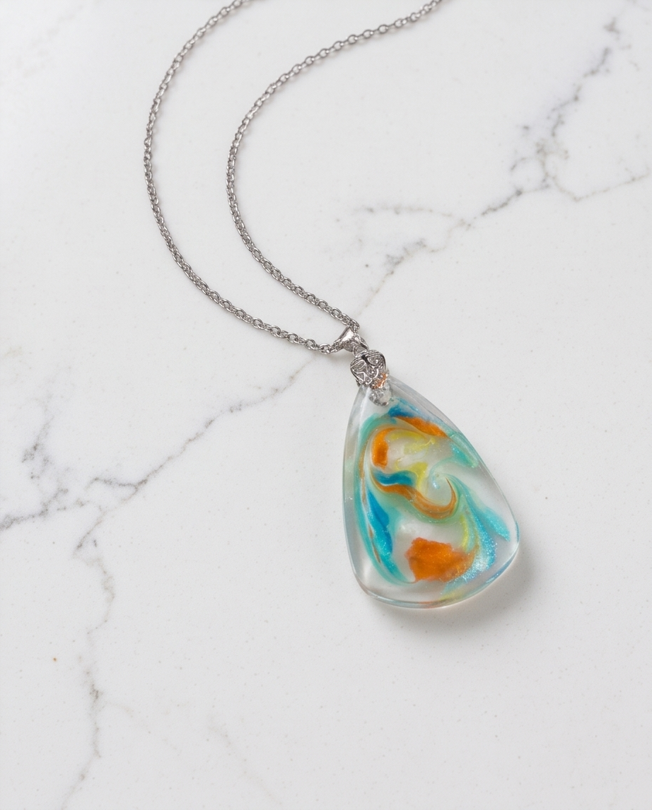 Swirl Resin Pendant Necklace | Teal Orange Handmade Jewelry | Stainless Steel Chain | Wearable Art Gift