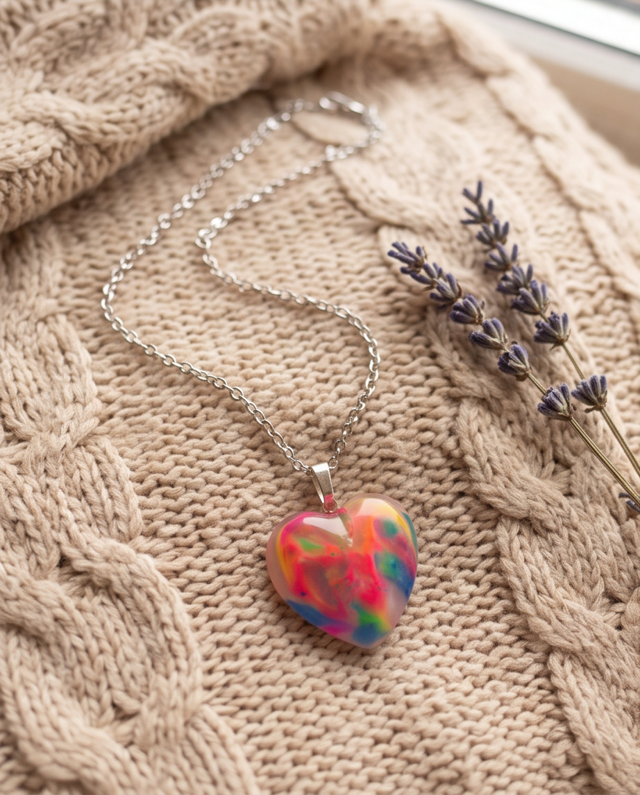 Rainbow Swirl Resin Heart Necklace | Bold Colorful Handmade Pendant | Gift Box Included | Fun Gift for Her