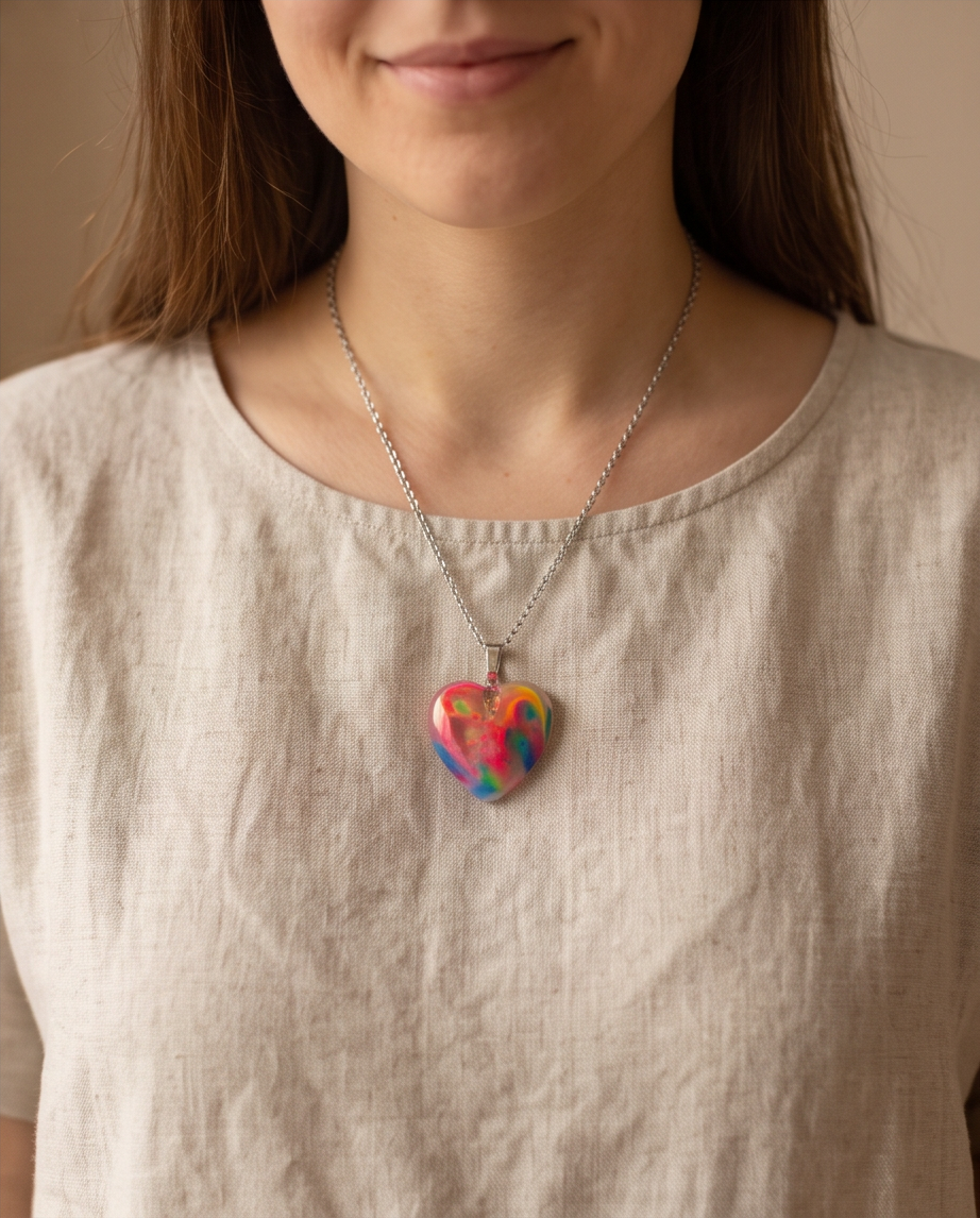 Rainbow Swirl Resin Heart Necklace | Bold Colorful Handmade Pendant | Gift Box Included | Fun Gift for Her