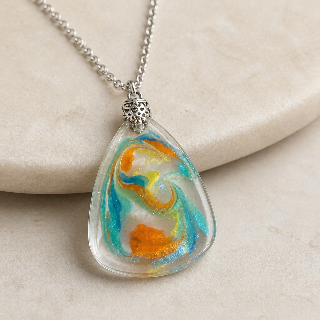 Swirl Resin Pendant Necklace | Teal Orange Handmade Jewelry | Stainless Steel Chain | Wearable Art Gift