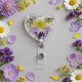 Purple Yellow Flower Heart Badge Reel | Handmade Resin | Floral Healthcare Clip
