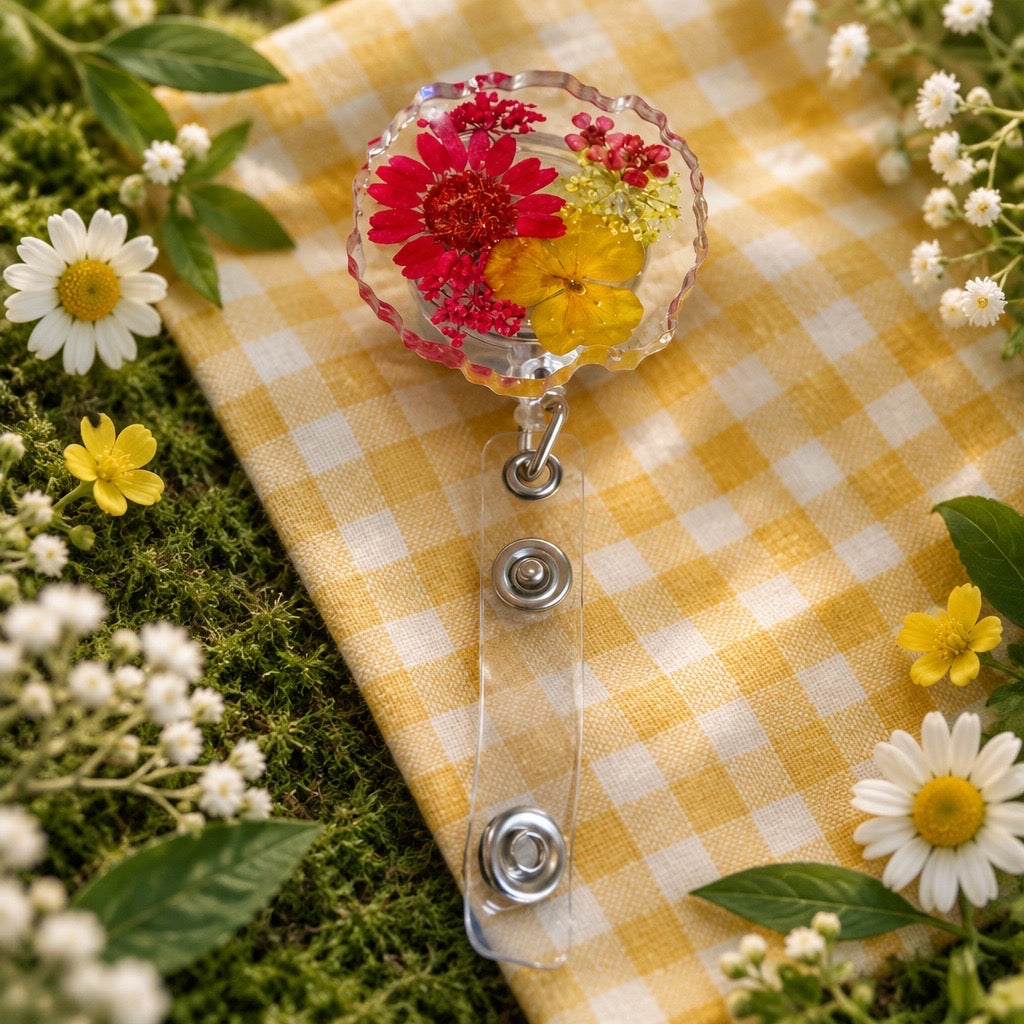 Red Yellow Pressed Flower Badge Reel | Clear Resin | Handmade Floral Clip