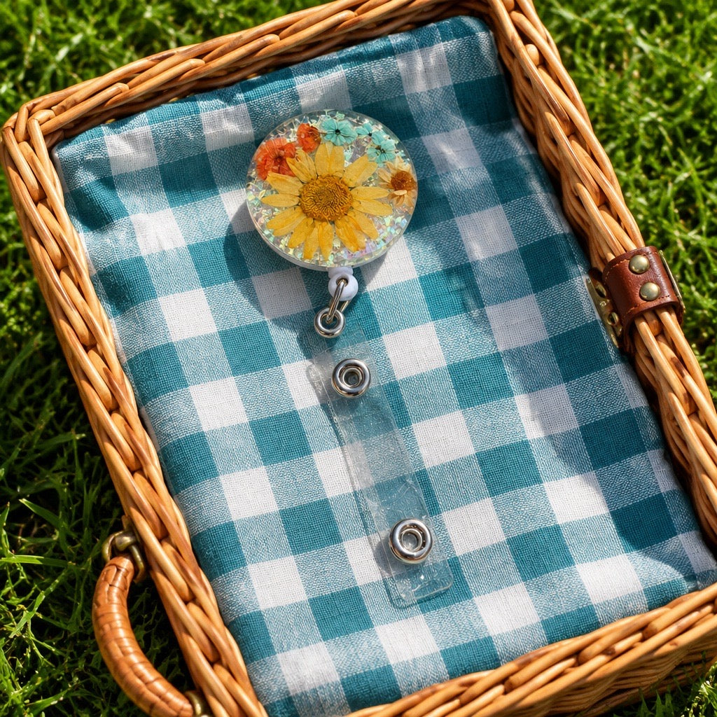 Pressed Flower Glitter Badge Reel | Yellow Orange Blue | Handmade Resin Clip