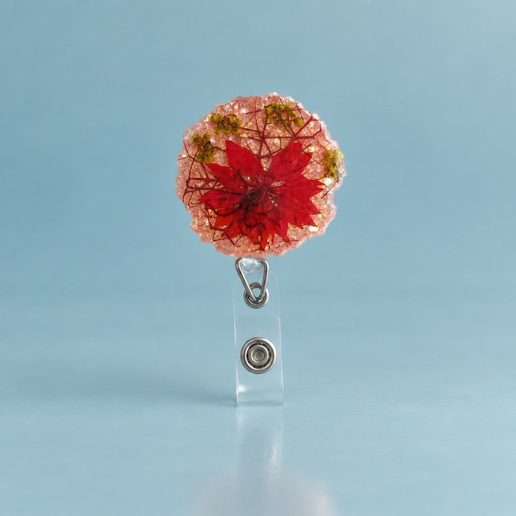 Real Pressed Flower Badge Reel | Handmade Resin | Botanical Healthcare Gift