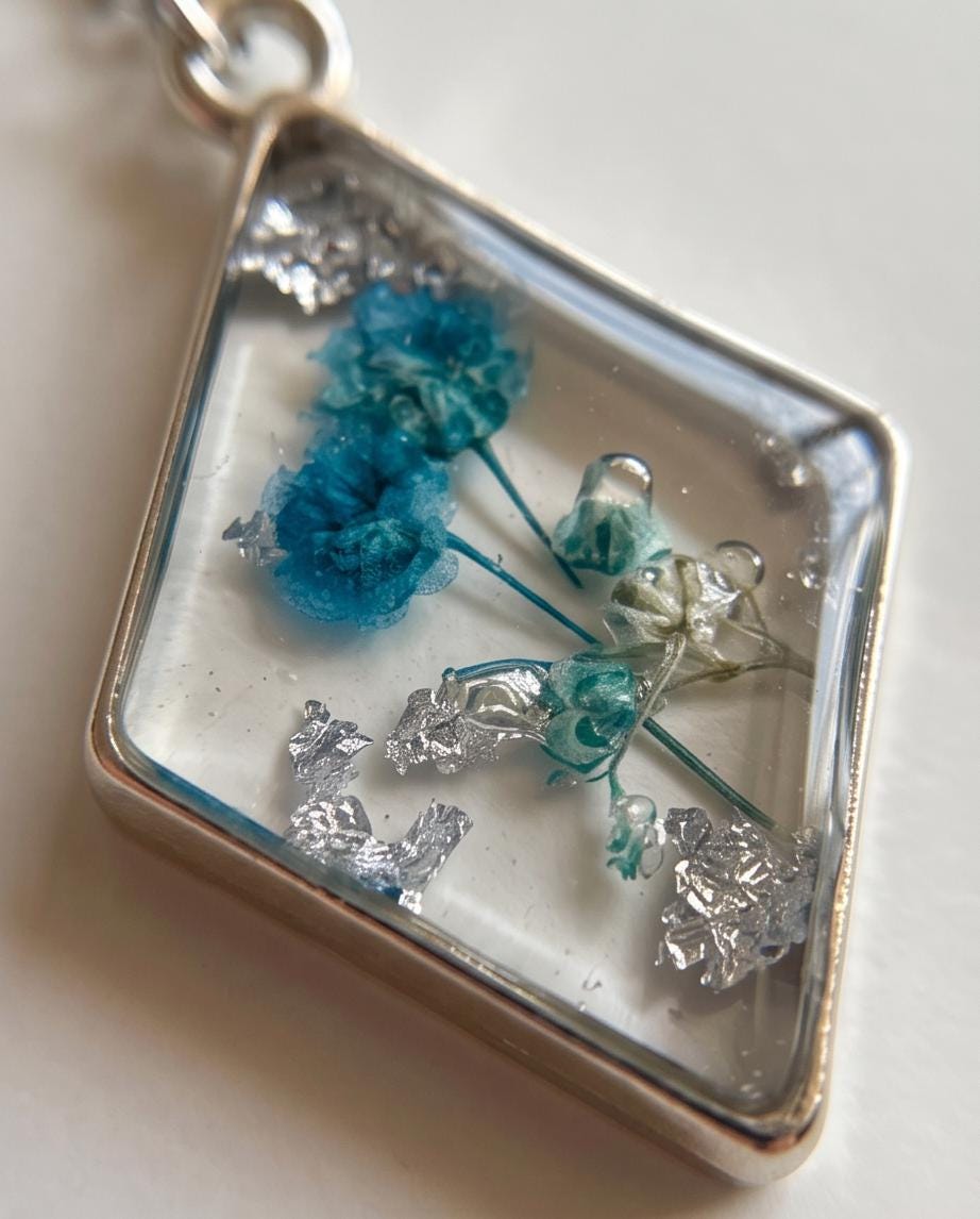 Blue Floral Diamond Resin Necklace | Handmade Botanical Pendant | Gift for Her