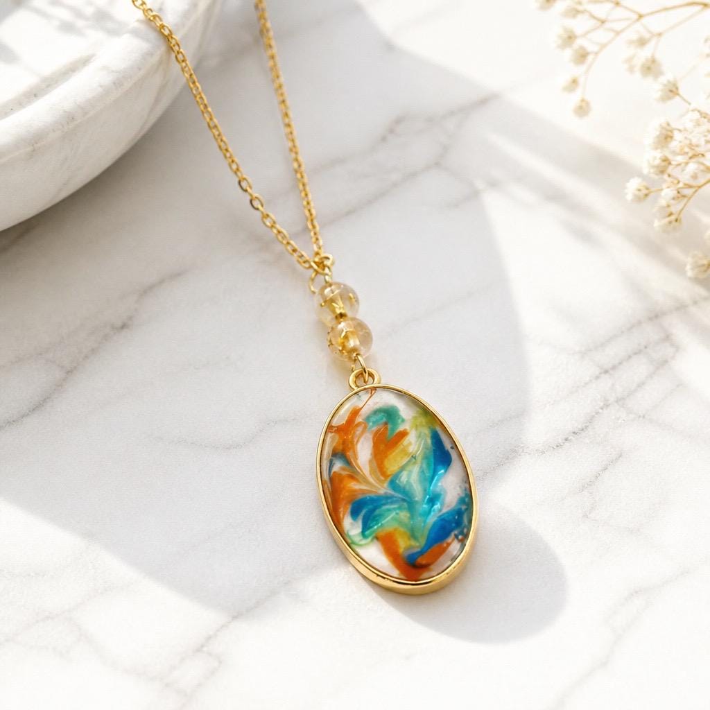 Oval Swirl Resin Pendant Necklace | Gold Tone Stainless Steel Chain | Teal Orange Art Jewelry | Boho Gift