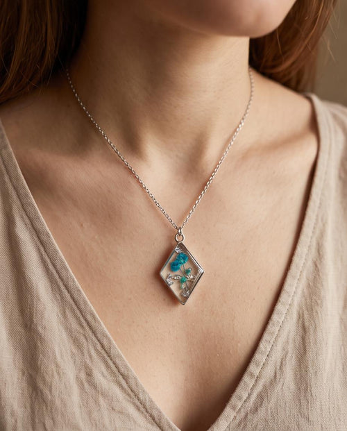 Blue Floral Diamond Resin Necklace | Handmade Botanical Pendant | Gift for Her