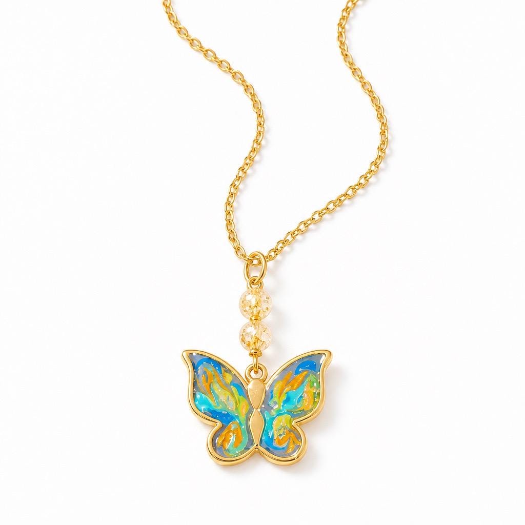 Handmade Resin Butterfly Pendant Necklace | Colorful Nature Jewelry | Teal Orange Gold Chain | Boho Gift