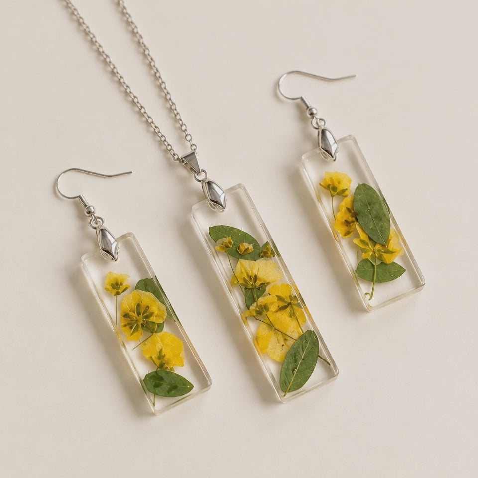 Yellow Pressed Flower Jewelry Set | Resin Necklace and Earrings | Handmade Botanical Gift | Nature Lover Set