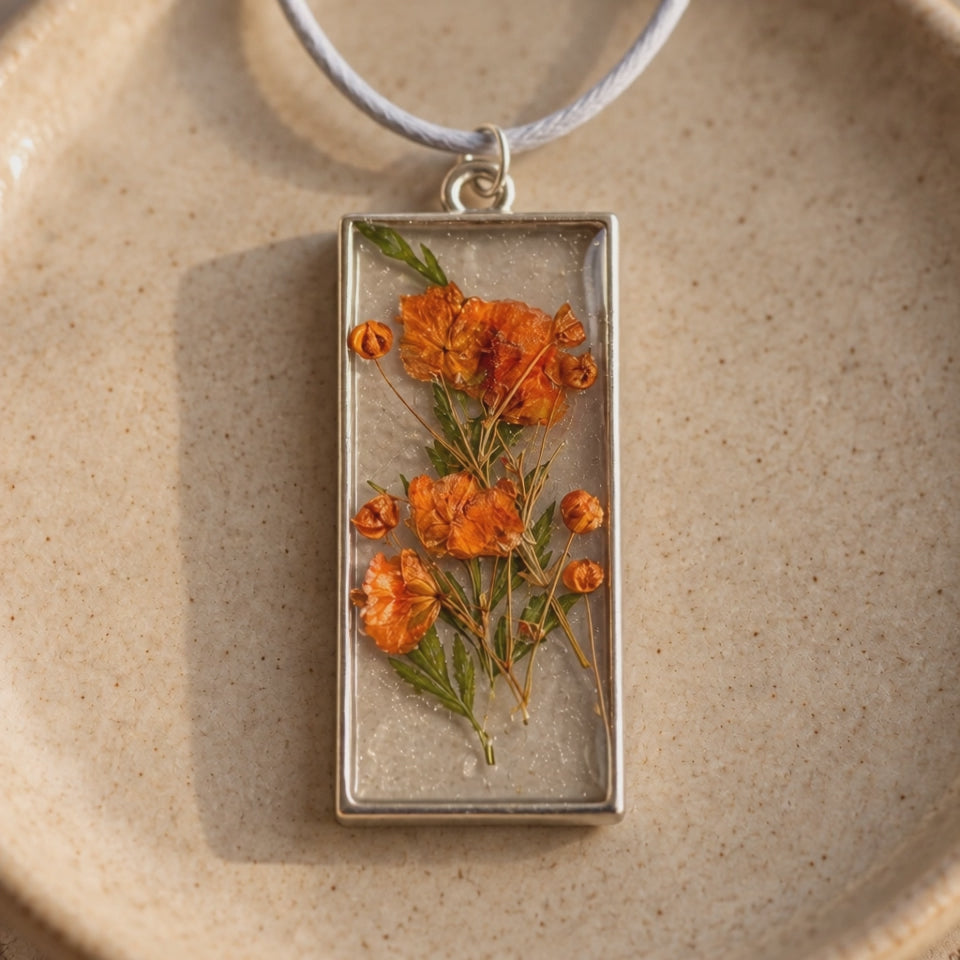 Orange Pressed Flower Resin Necklace | Clear Rectangular Pendant | Handmade Botanical Jewelry | Fall Gift